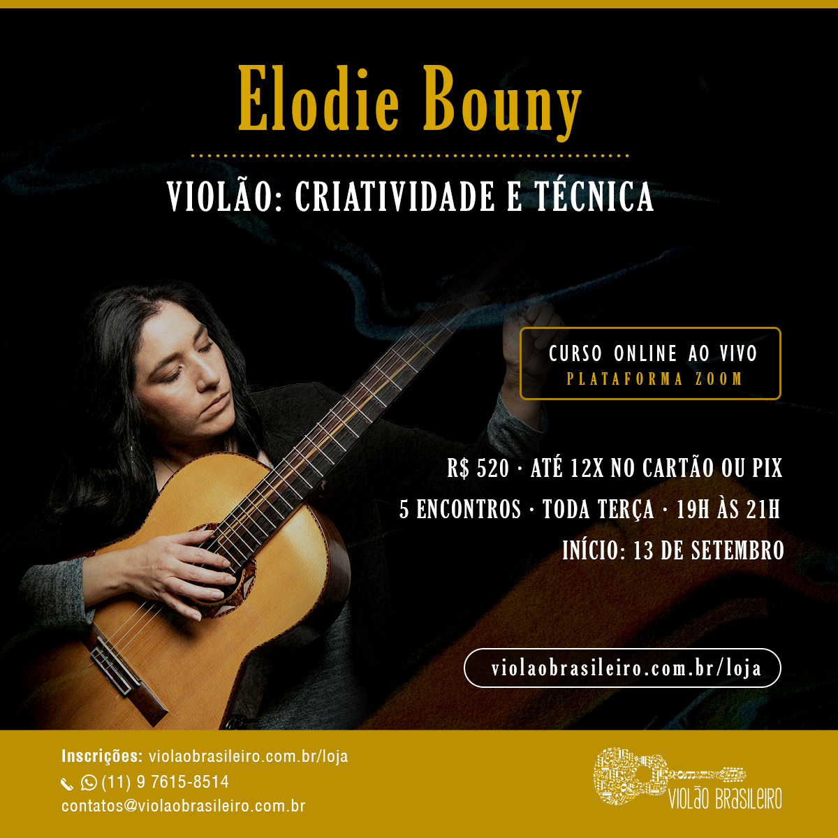 Elodie Bouny cria curso online ao vivo sobre criatividade e técnica no violão - Foto: Banner Elodie Bouny 